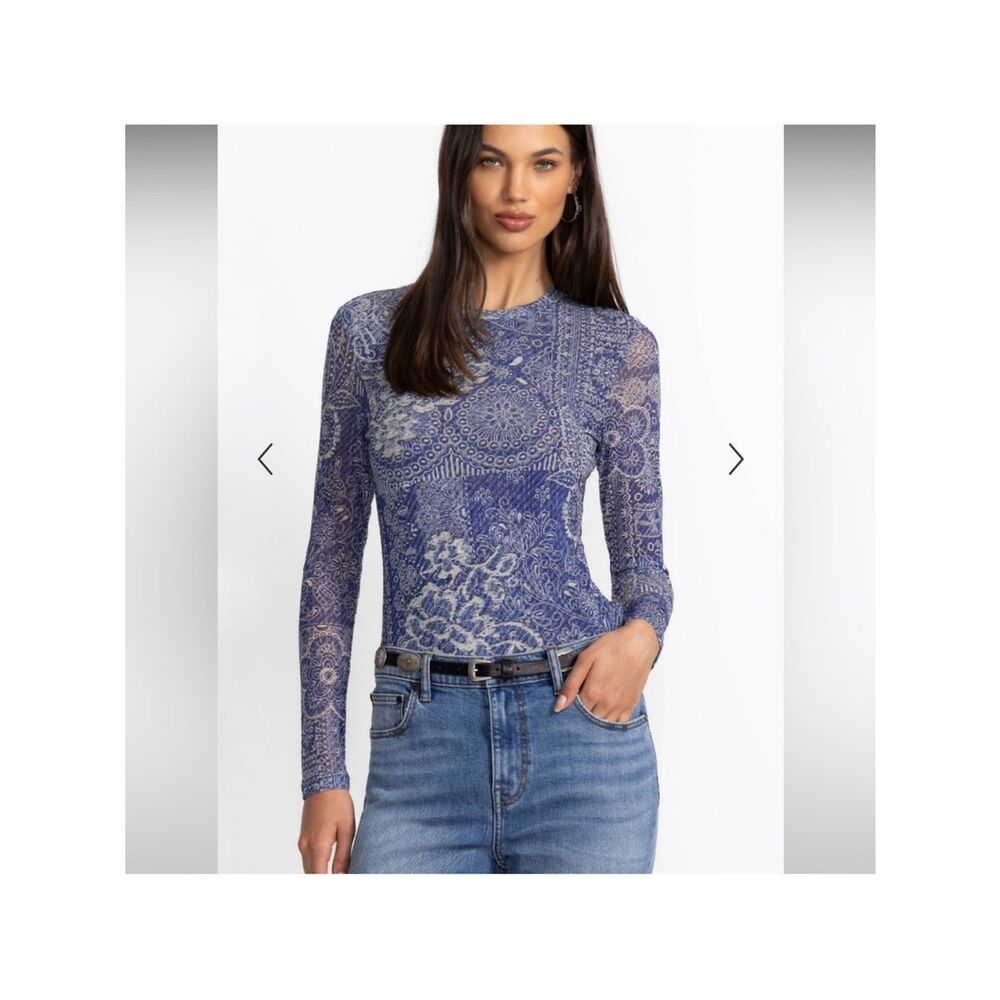 Johnny Was Jade Denim Blue Mesh  Lace-Pattern Long Sleeve Top size medium